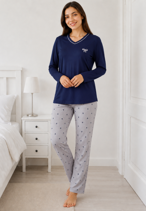 Pijama damă Serena bluză cu maneca lunga și pantaloni lung -Bleumarin ,Engros